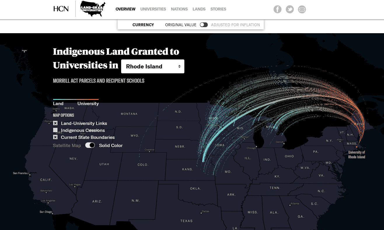 A map showing Indigenous land granted to universities in the U.S., focusing on the University of Rhode Island. Arcs indicate land parcels from all over the U.S. linked to institutions. Legend details map options and land status.