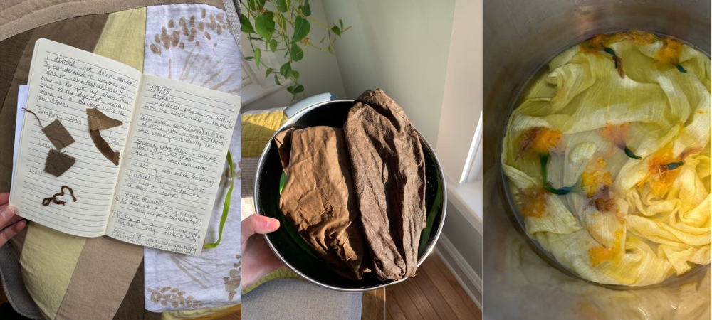 From left to right: An open notebook with written notes and fabric and yarn samples stapled to the pages. Brown fabric folded inside a metal bowl. A dyepot of yellow liquid, with yellow fabric and daffodils floating inside.