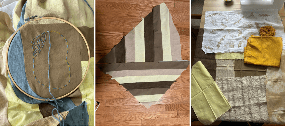 Three images of the quilting process. To the left, embroidering blue thread on a brown fabric inside an embroidery hoop. In the middle, a quilt square with various yellow and brown striped fabric. To the right, pieces of uncut fabric in yellow, brown, and white laid out on a desk.